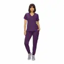 Wholesale women's purple v-neck scrub top and jogger pants set with pockets