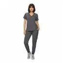 Wholesale women's gray v-neck scrub top with short sleeves and cargo pants set