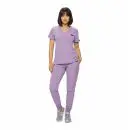 Wholesale women's purple v-neck scrub top and cargo pants set with short sleeves