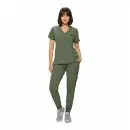 Wholesale women's sage green v-neck scrub top and jogger pants set with pockets