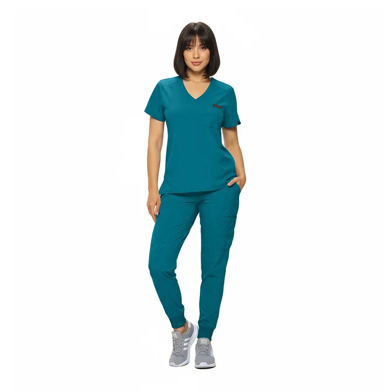 Wholesale women's teal v-neck scrub top and jogger pants set with short sleeves
