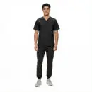 Wholesale men's black v-neck scrub top with chest pocket and matching black jogger pants