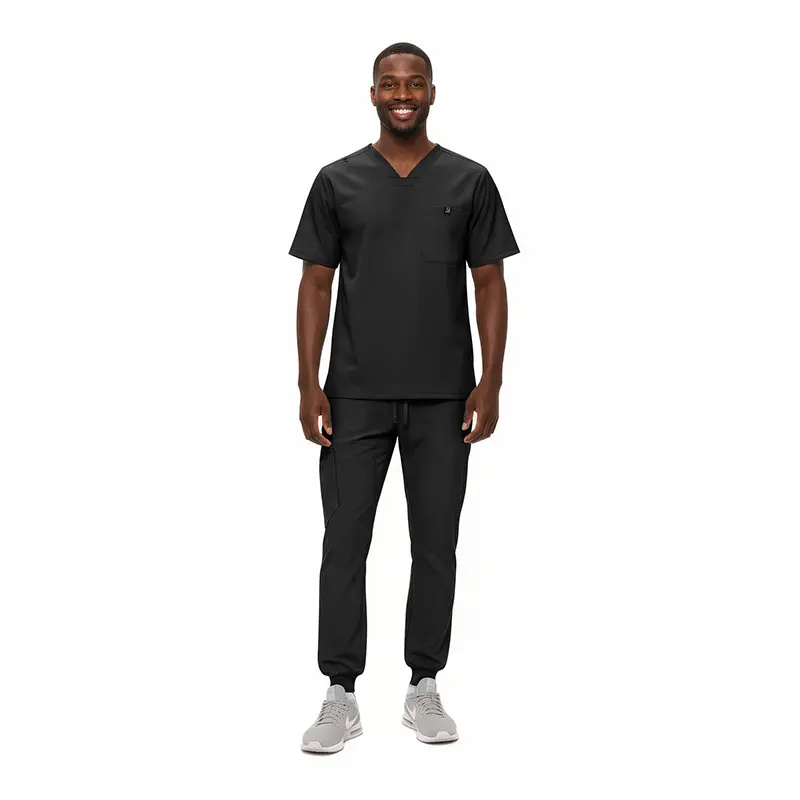 Wholesale men's black v-neck scrub top and jogger pants set with chest pocket