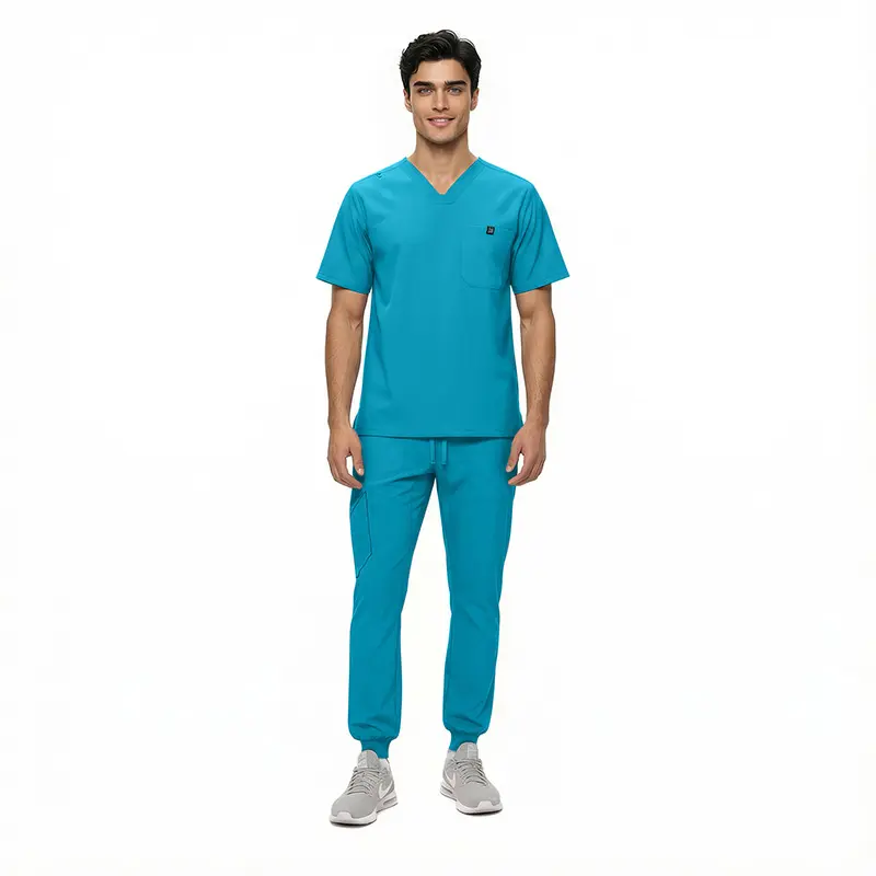 Wholesale men's teal scrubs set with v-neck top and jogger pants