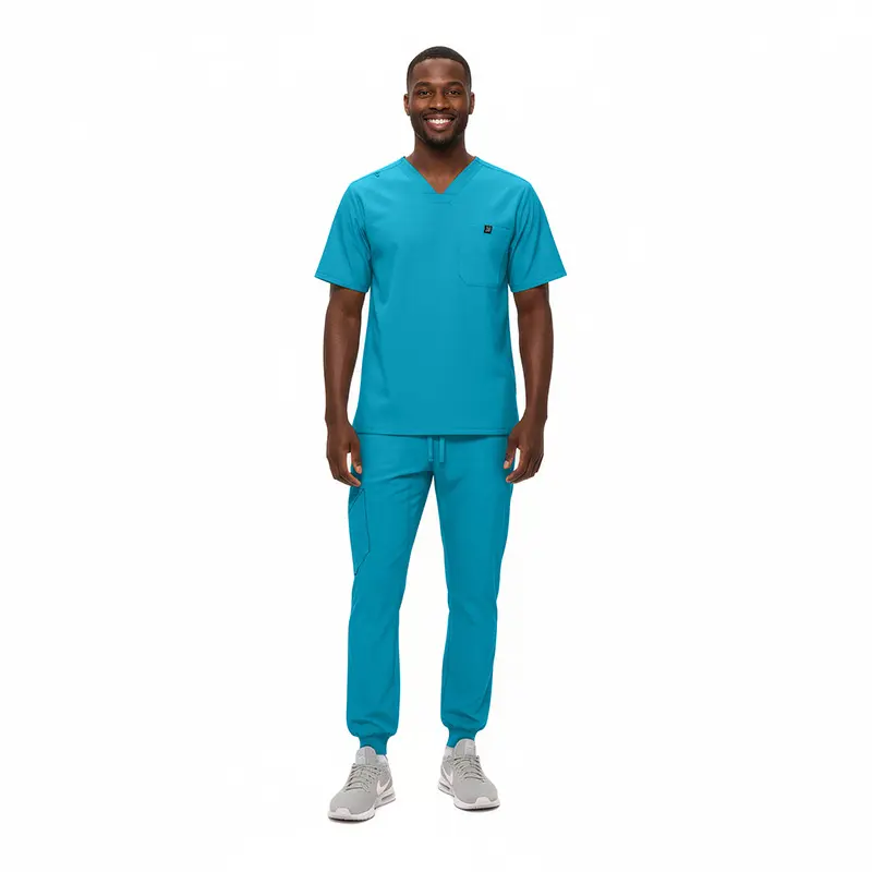 Wholesale men's teal v-neck scrub top and jogger pants set with chest pocket