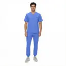 Wholesale men's blue v-neck scrub top and pants set with chest pocket and drawstring waist