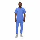 Wholesale men's blue v-neck scrub top with pocket and matching scrub pants with jogger cuffs