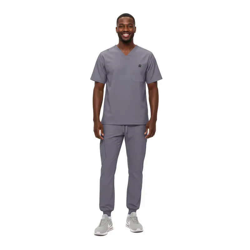 Wholesale men's gray v-neck scrub top and matching pants set with chest pocket