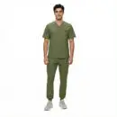Wholesale men's sage green v-neck scrub top and jogger pants set with chest pocket