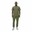 Wholesale men's olive green scrub set with v-neck top and jogger pants