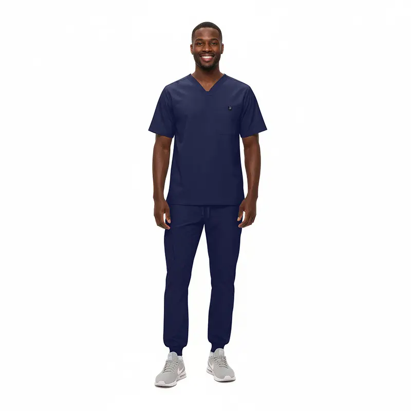Wholesale men's navy v-neck scrub top and jogger pants set with small logo detail