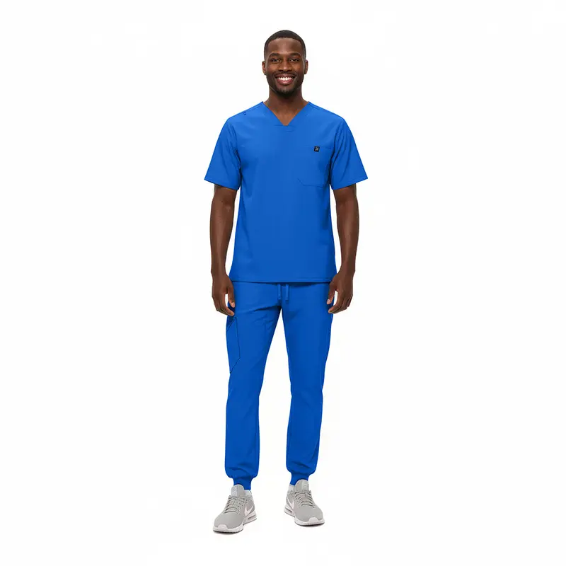 Wholesale men's blue v-neck scrub top and jogger pants set with chest pocket