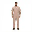 Wholesale men's tan short-sleeve coverall with chest pocket and front zipper closure