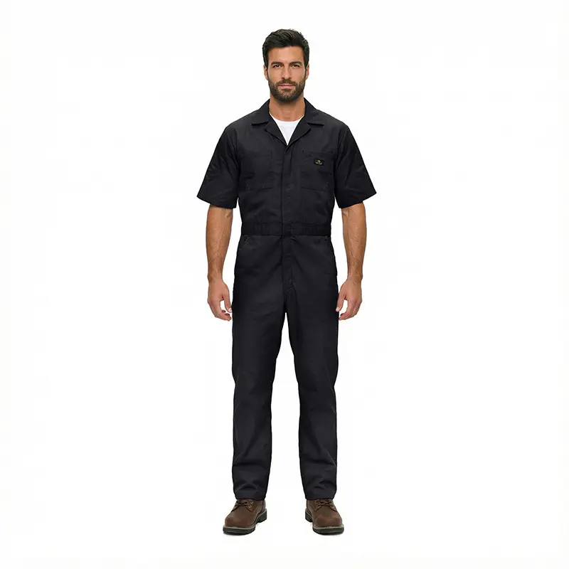 Wholesale men's black short-sleeve coveralls with chest pockets and button front closure