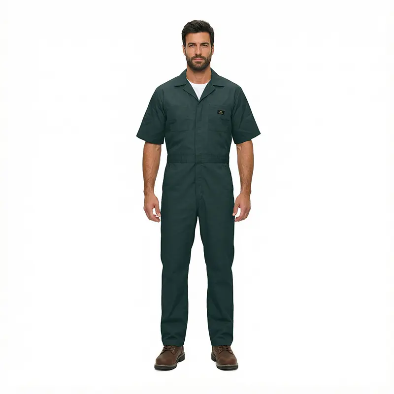Wholesale men's dark green short-sleeve coveralls with chest pocket and button front closure
