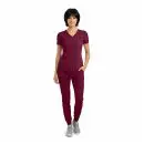Wholesale women's burgundy v-neck scrub top and jogger pants set with short sleeves