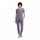 Wholesale women's purple v-neck scrub top with chest pocket and matching jogger pants