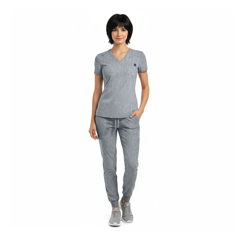Wholesale women's gray v-neck short sleeve t-shirt and matching jogger pants set