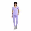 Wholesale women's lavender v-neck scrub top with short sleeves and matching jogger pants