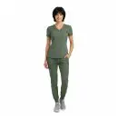 Wholesale women's olive green v-neck scrub top with short sleeves and matching jogger pants