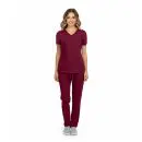 Wholesale women's burgundy scrub set with v-neck top and drawstring pants