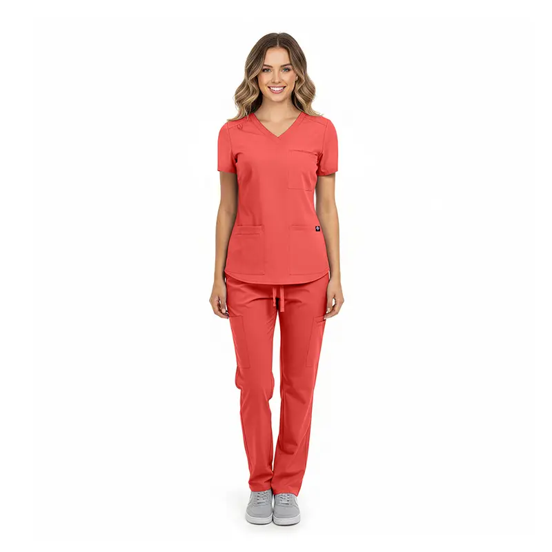 Wholesale women's red v-neck scrub top and pants set with short sleeves and front pockets