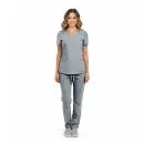 Wholesale women's gray heathered v-neck scrub top and pants set with short sleeves and front pockets