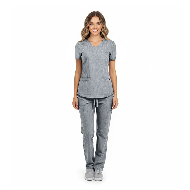 Wholesale women's gray heathered v-neck scrub top and pants set with short sleeves and drawstring waist