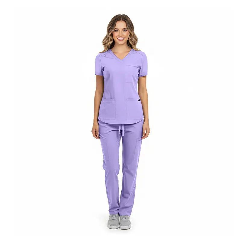 Wholesale women's lavender scrubs set with v-neck top and cargo pants
