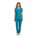 Wholesale women's teal v-neck scrub top and pants set with short sleeves and drawstring waist