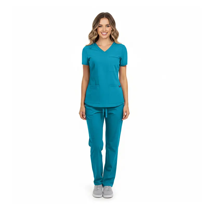 Wholesale women's teal v-neck scrub top and pants set with short sleeves and drawstring waist
