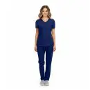 Wholesale women's navy blue v-neck scrub top and pants set with short sleeves and front pockets