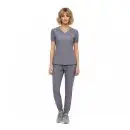 Wholesale women's gray v-neck scrub top and jogger pants set with pockets