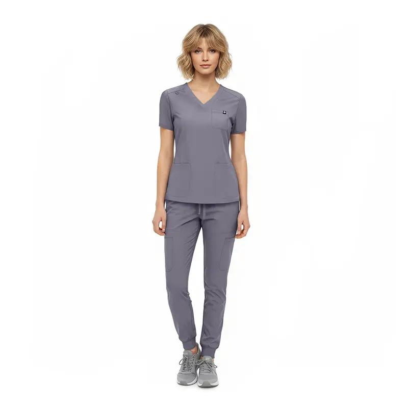 Wholesale women's gray v-neck scrub top and jogger pants set with pockets