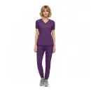 Wholesale women's purple v-neck scrub top and jogger pants set with short sleeves