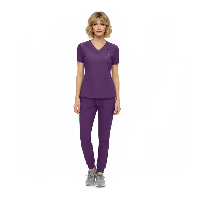 Wholesale women's purple v-neck scrub top and jogger pants set with short sleeves
