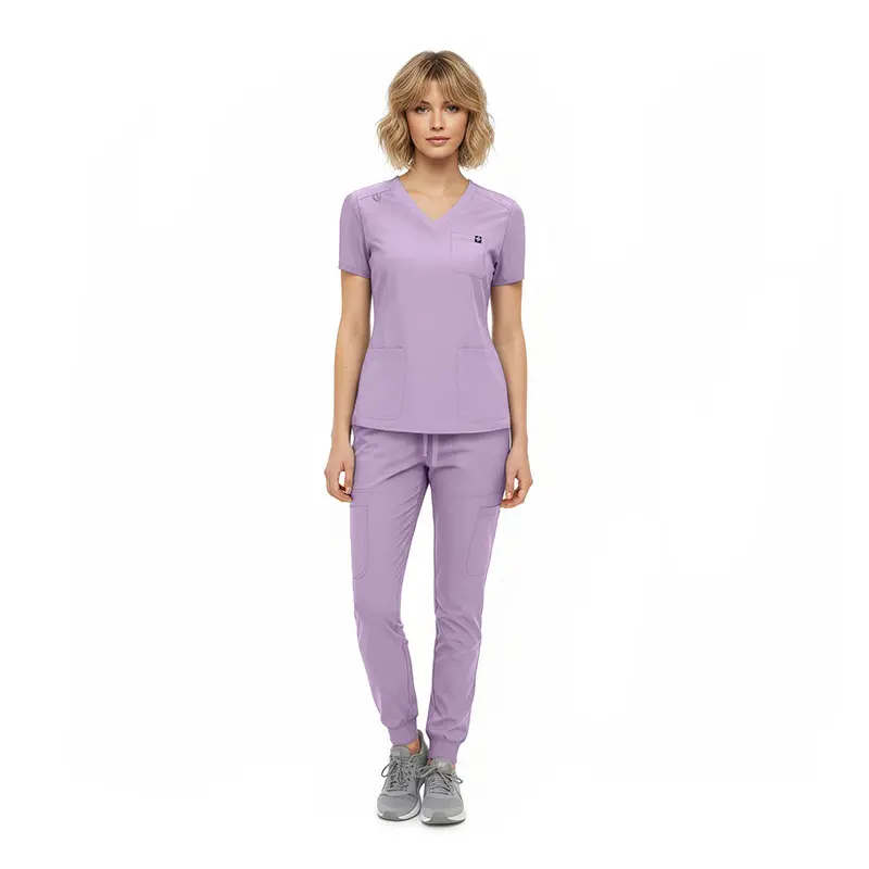 Wholesale women's purple scrubs set with v-neck top and jogger pants