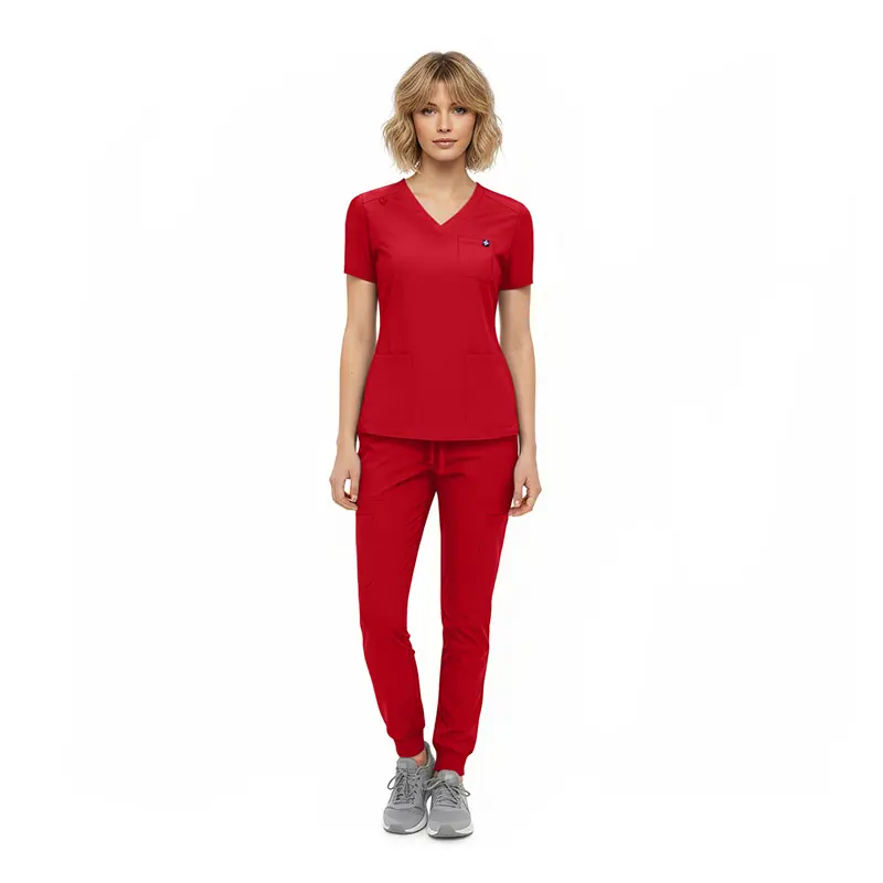 Wholesale women's red v-neck short sleeve top and jogger pants set with small logo detail