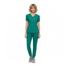 Wholesale women's teal v-neck scrub top and jogger pants set with short sleeves