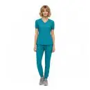 Wholesale women's teal v-neck scrub top and jogger pants set with short sleeves