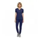 Wholesale women's navy blue v-neck scrub top and jogger pants set with short sleeves