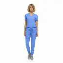 Wholesale women's blue v-neck scrub top and jogger pants set with drawstring waist