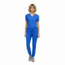 Wholesale women's blue v-neck scrub top and jogger pants set with drawstring waist