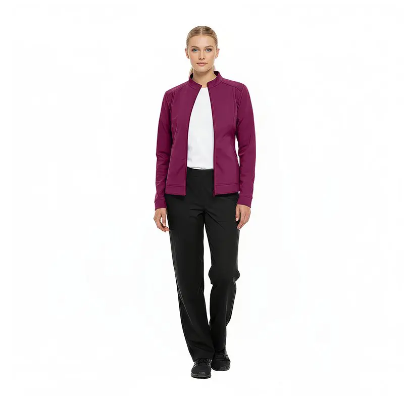 Wholesale women's purple zip-up jacket with white shirt and black pants