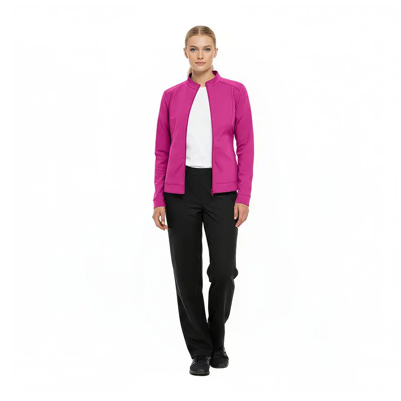 Wholesale women's pink zip-up jacket with white shirt and black pants