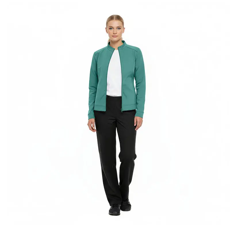 Wholesale women's teal zip-up jacket with white shirt and black pants