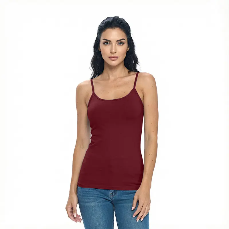 Wholesale women's burgundy camisole tank top with thin straps paired with blue jeans