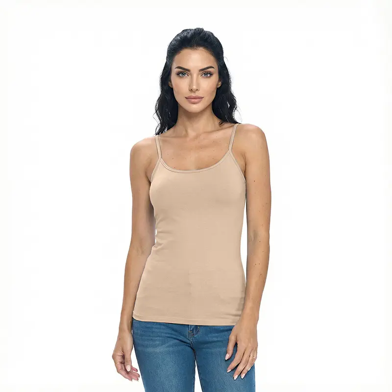Wholesale women's beige camisole tank top with thin straps paired with blue jeans