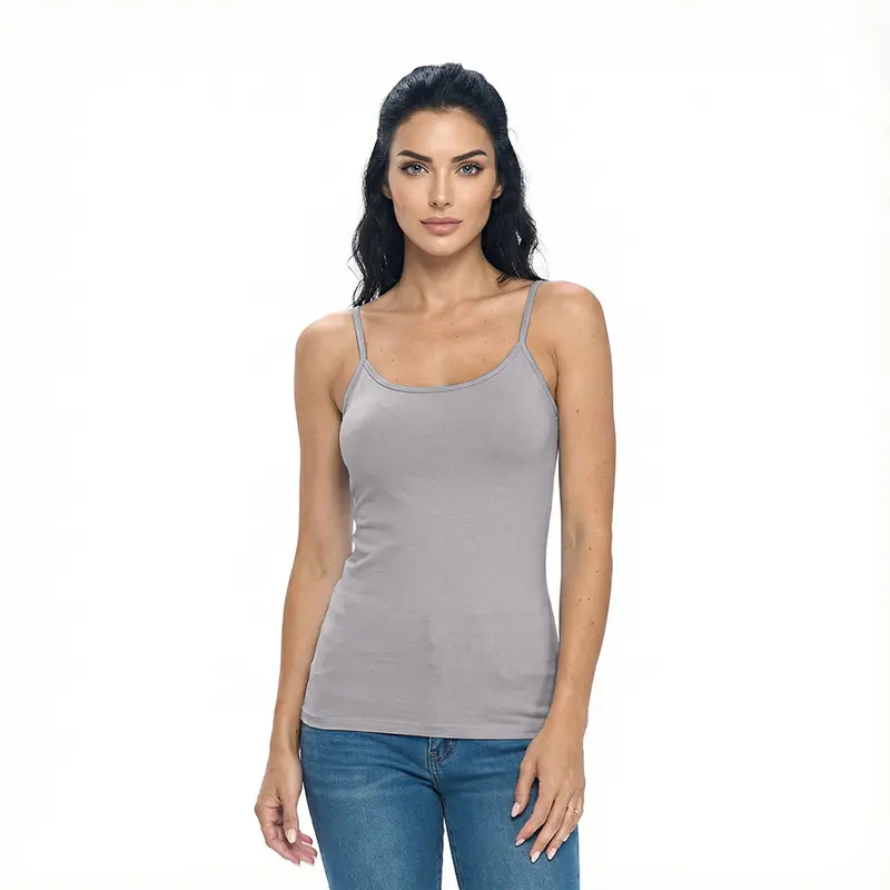 Wholesale women's gray camisole tank top with adjustable straps paired with blue jeans