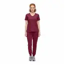 Wholesale women's burgundy v-neck scrub top and jogger pants set